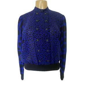 VTG Akris of Switzerland Wool Top Blouse Long Sleeve Blue Black Polka Do…